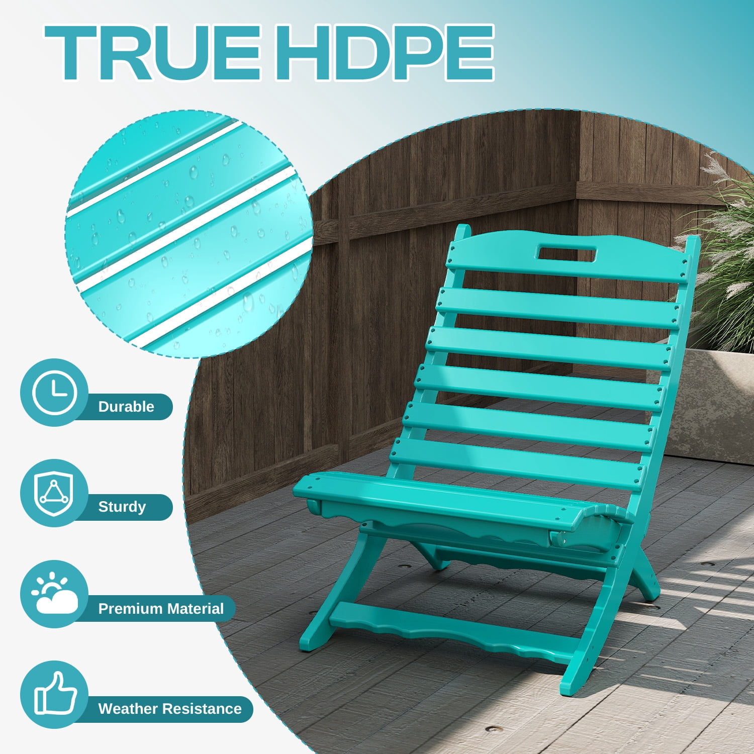 FODINGHILL Folding Adirondack Xavier Chair, HDPE All-Weather Portable Fire-Pit Chair for Outdoor Beach Deck Poolside Garden Patio Porch Fishing, Aqua
