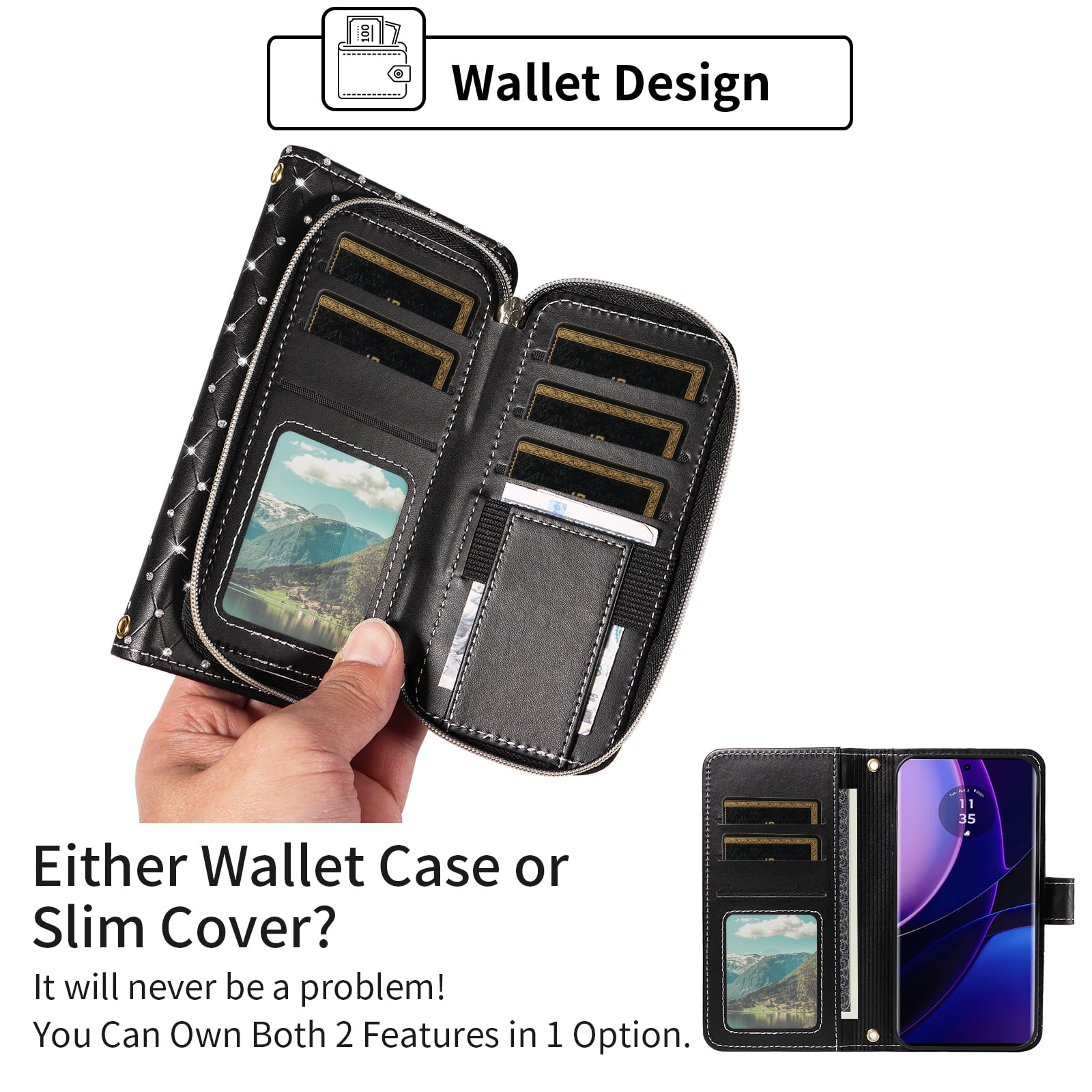Compatible with Motorola Edge 2023/Edge 40 5G Wallet Phone Case Tempered Glass Screen Protector Bling Glitter Crossbody Lanyard Strap Flip Zipper Purse Card Holder Cell Cover for Edge2023 Women Black