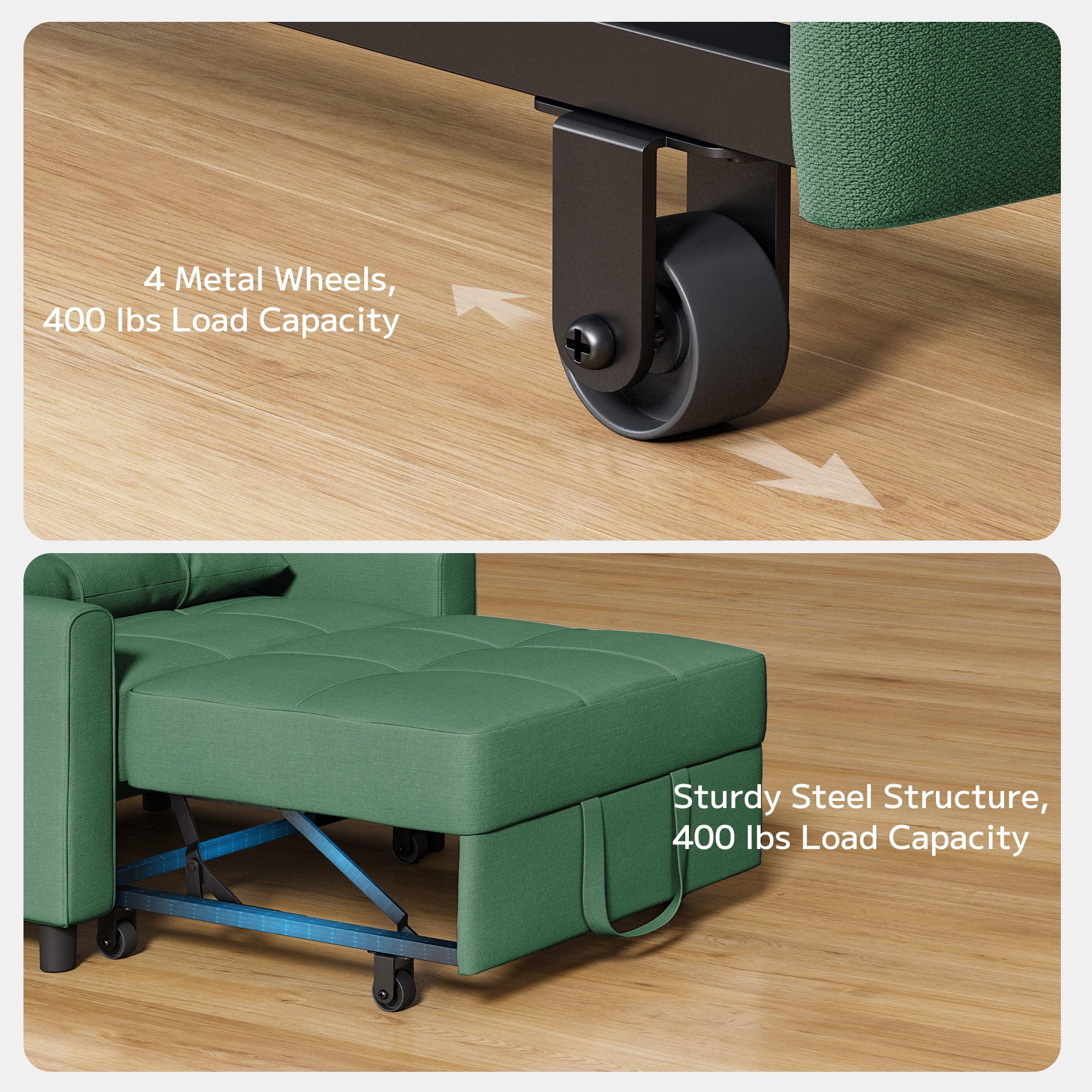 Asofer Sofa Bed Chair, 3 in 1 Convertible Futon Couch, Adjustable Backrest, for Living Room, Office, Green
