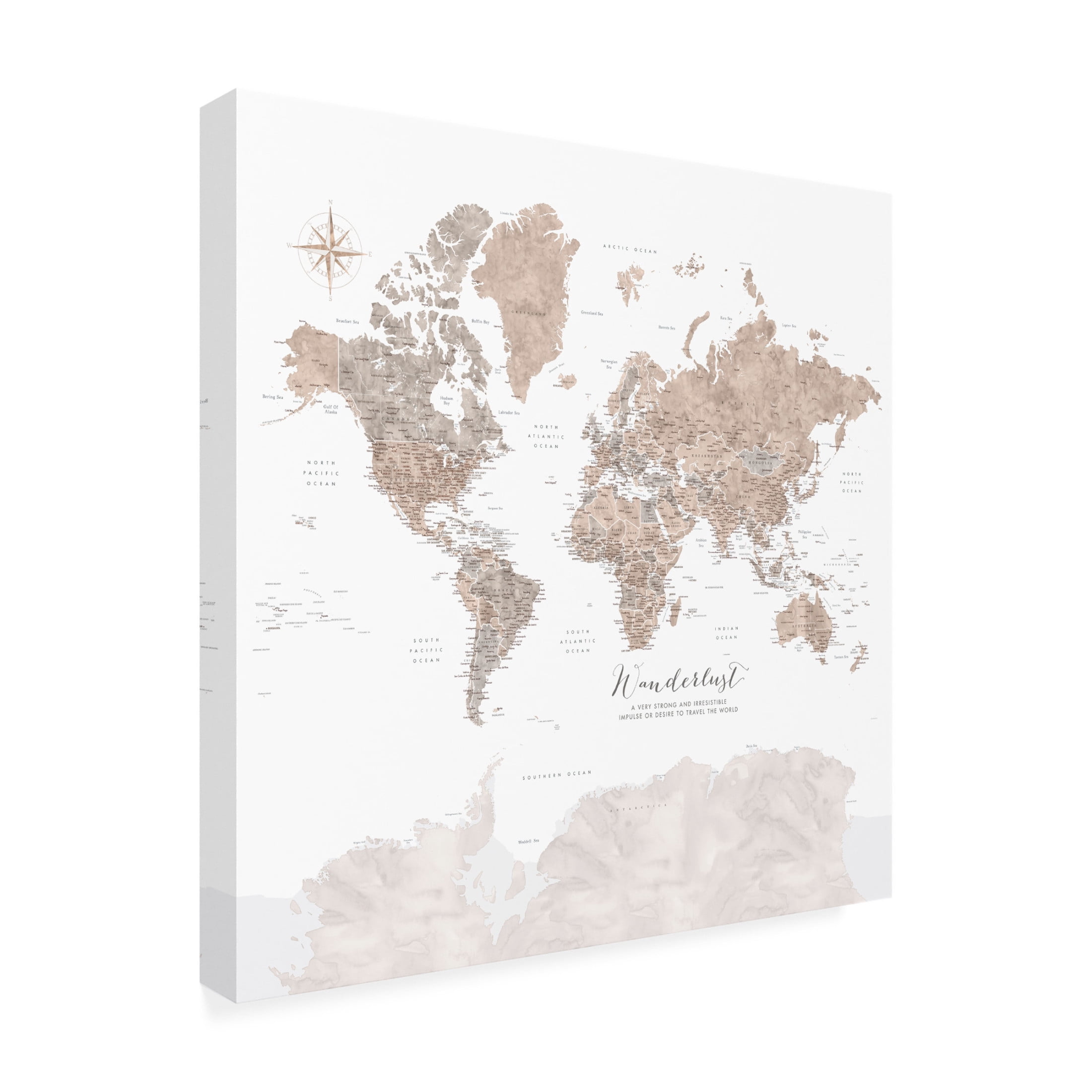 Canvas Wall Art - blursbyai 'Abby Wanderlust Watercolor Detailed World Map' Wall Art for Living Room, Bedroom, or Office Décor by Trademark Fine Art - 14 x 14 Inches