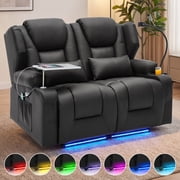 Electric Power Reclining Loveseat Sofa, 8-Point Vibration Massage & Lumbar Heating, Adjustable 90°-150° Recline, RGB LED Light Strip, Side Storage Pockets for Living Room, Pu Leather, Black