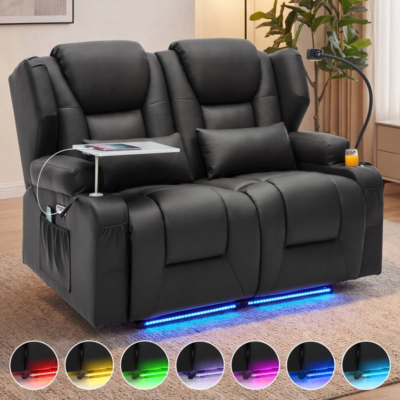 Electric Power Reclining Loveseat Sofa, 8-Point Vibration Massage & Lumbar Heating, Adjustable 90°-150° Recline, RGB LED Light Strip, Side Storage Pockets for Living Room, Pu Leather, Black