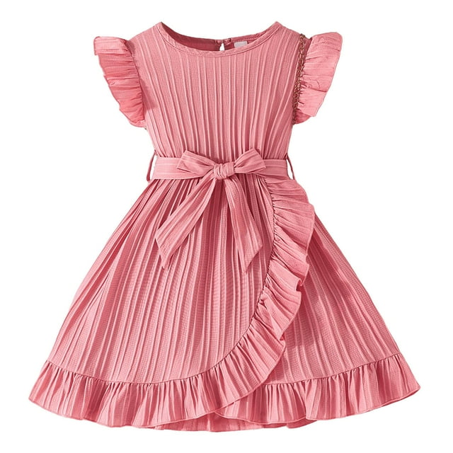 Splozh Robe pour Tout-Petite Fille Robe Sans Manches Filles Robes de Printemps Été Manches Volantées Coupe Trapèze avec Ceinture Poches Robe Décontractée de Fête pour Enfants Rose, 3-4 Ans
