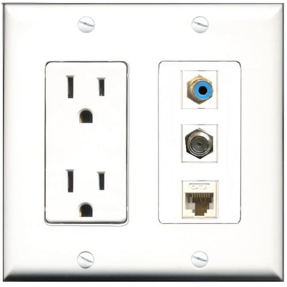 RiteAV - 15 Amp Power Outlet 1 Port RCA Blue 1 Port Coax 1 Port Cat6 Ethernet Ethernet White Decorative Wall Plate