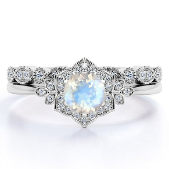 JeenMata 1.5 Carat Round Faceted Blue Moonstone and Moissanite Floral Bridal Ring Set in 18k White Gold over Silver