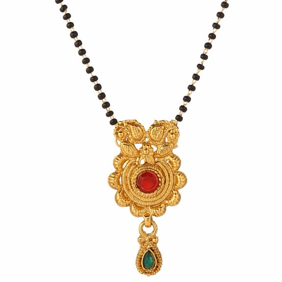 Efulgenz Indian Bollywood Traditional Gold Plated Ruby Emerald/Color CZ Stone Mangalsutra Pendant Necklace Jewelry with chain for Women