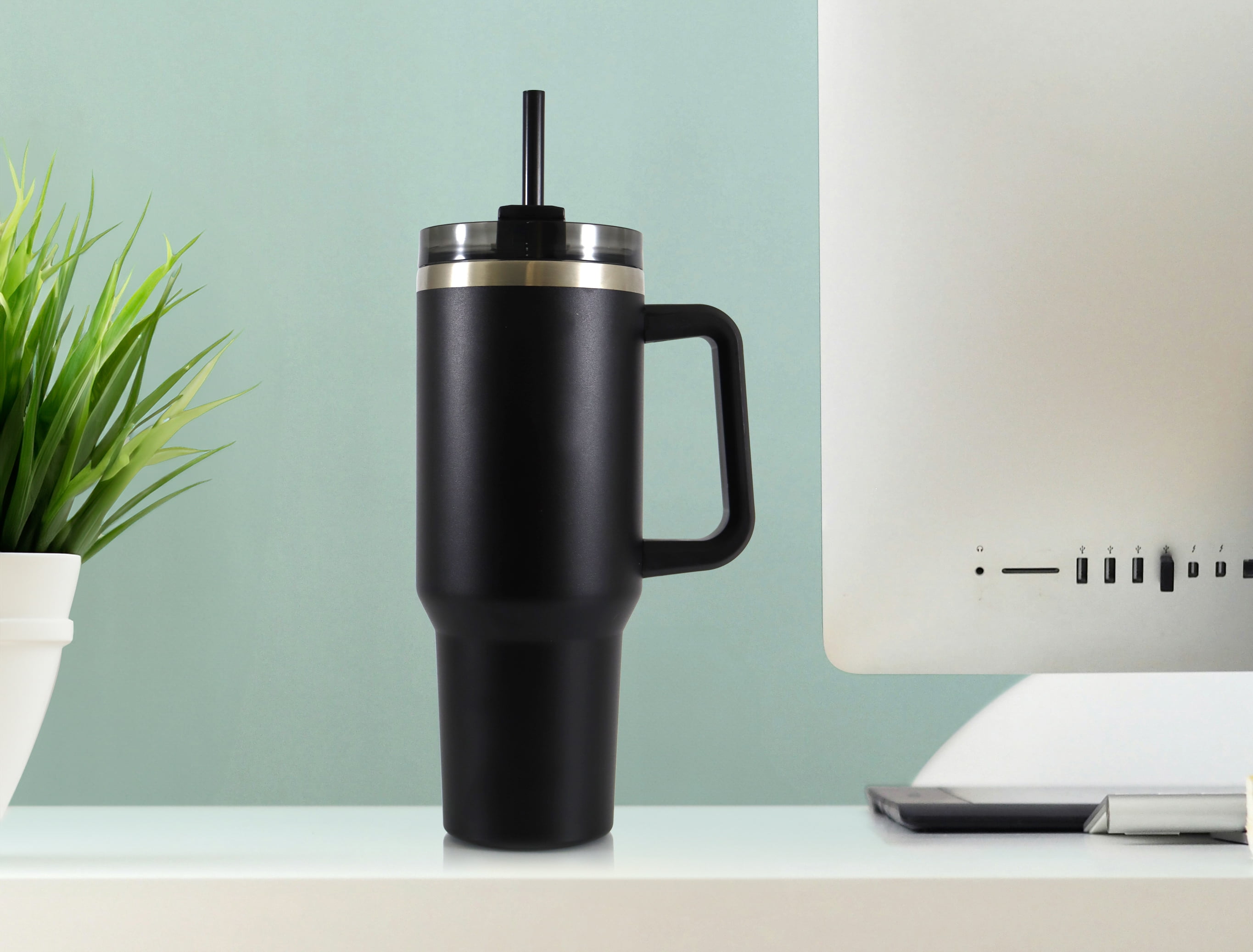 Mainstays 40 oz Stainless Steel Tumbler with Straw, Handle and Double-Wall Insulation, Black