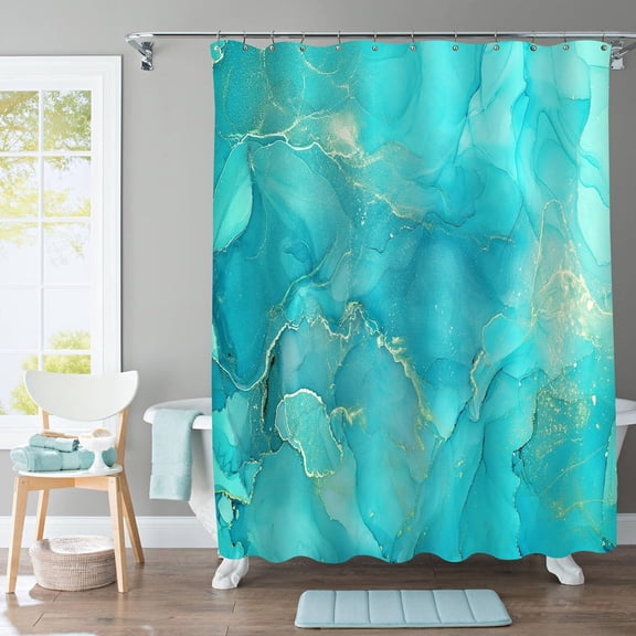 Teal Fabric Shower Curtain, Abstract Blue Marble Shower Curtain for Bathroom, Modern Ombre Watercolor Ink Art Shower Curtain Set with Hooks, 72 x 72