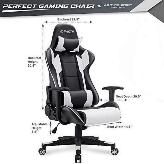 Furniwell Gaming Chair PU Leather Office Chair High Back Computer Desk Chair Adjustable Swivel Racing Executive Leather Ergonomic Task with Headrest and Lumbar Support (White)