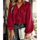 thumbnail image 4 of Blusa de manga larga con cuello en V, diseño de empalme de encaje con volantes, ajuste holgado, color puro, Top informal para mujer para todas las estaciones, rojo vino S, 4 of 8