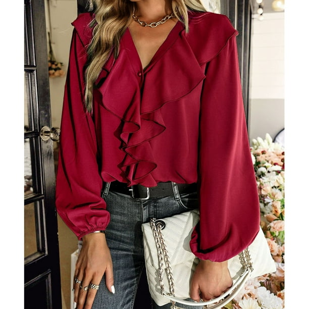 Blusa De Manga Larga, Diseño De Empalme De Encaje Con Volantes, Parte Superior Informal Para Mujer, Puños Elásticos De Color Puro, Lavable A Máquina Para Negocios Para El ANGGREK Vino Tinto XL