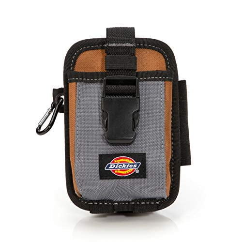 Dickies 2-Compartment Large Phone Pouch, a durable travel accessory made of grey and brown polyester blend, designed with a steel clip for tool belt attachment, an adjustable security strap over the phone compartment, and a carabiner for quick-clip key storage. Includes a secondary pocket for multitools or small objects, ideal for use as a waist pack or fanny pack.