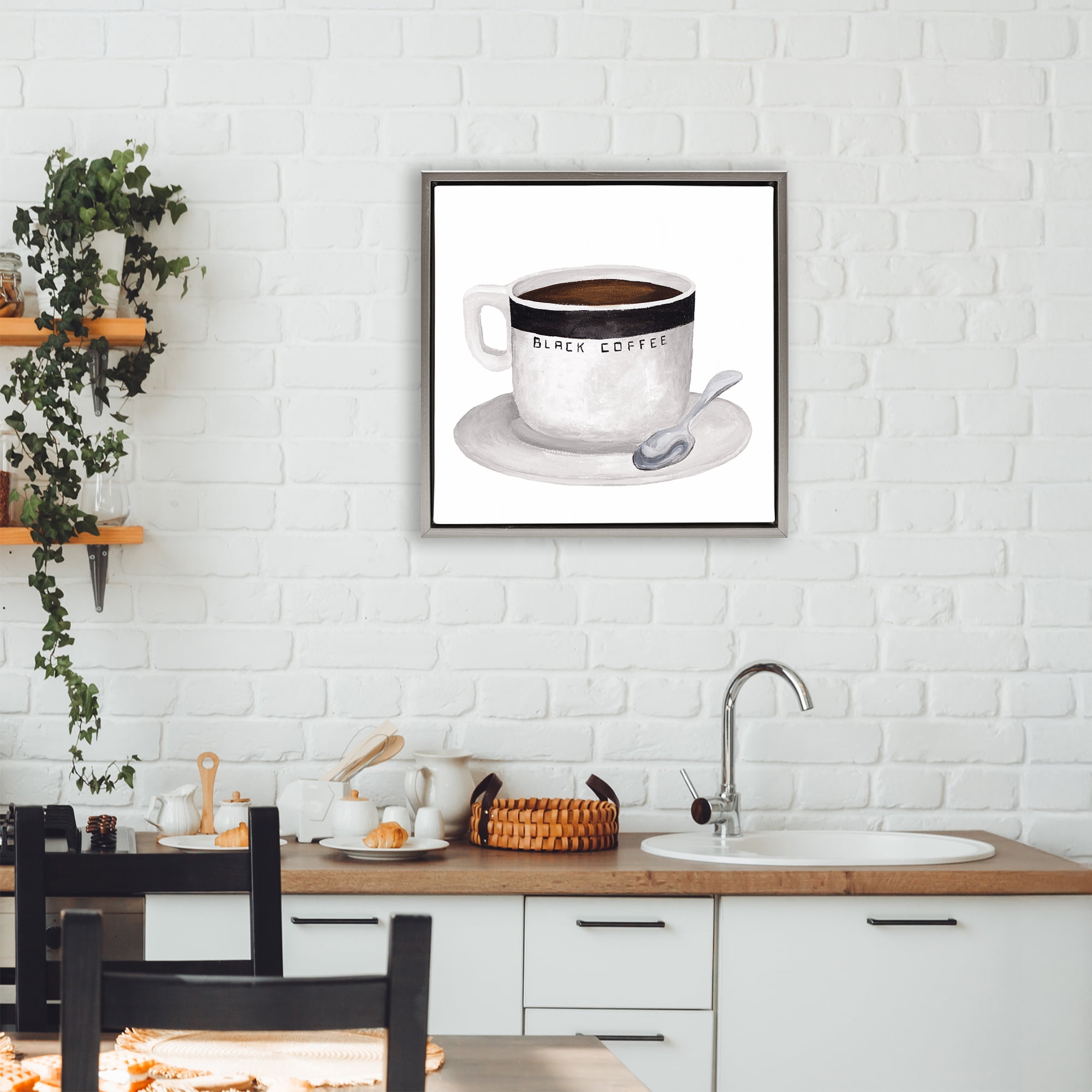 Stupell Industries Black Coffee Mug Gray Framed Floater Canvas Wall Art, design by Elizabeth Medley