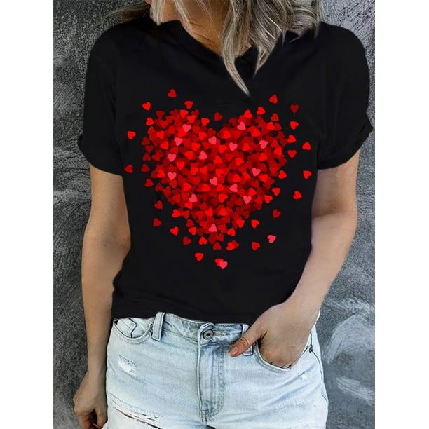 Camiseta con estampado de corazones para regalos de San Valentin camiseta de manga corta con cuello redondo tops informales para todos los dias ropa de mujer Walmart en linea