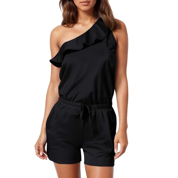 Mono sin mangas para mujer con volantes/bolsillos - Mono de verano de pierna recta para uso diario/en casa