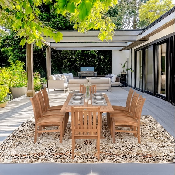 9 Piece Teak Wood Outdoor Patio Dining Set including Rectangular Extension Table with 8 Abacho Side Chairs