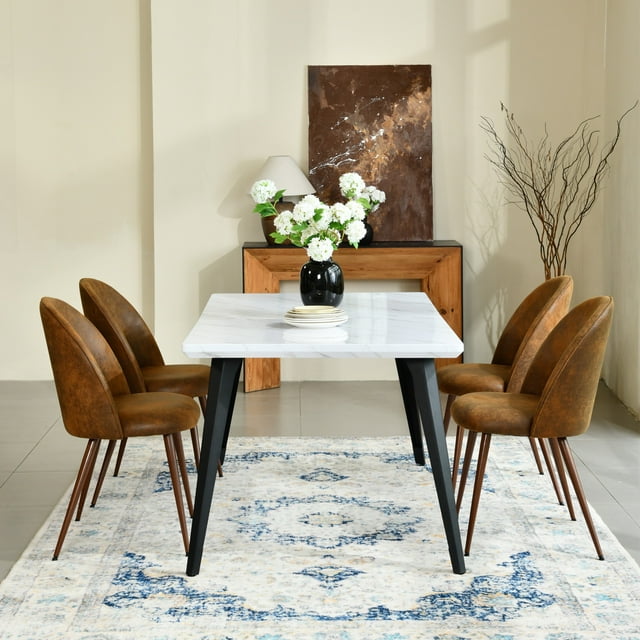 Homy Casa 5-Piece Dining Set, Faux Walnut Rectangular Table with Upholstered Chairs