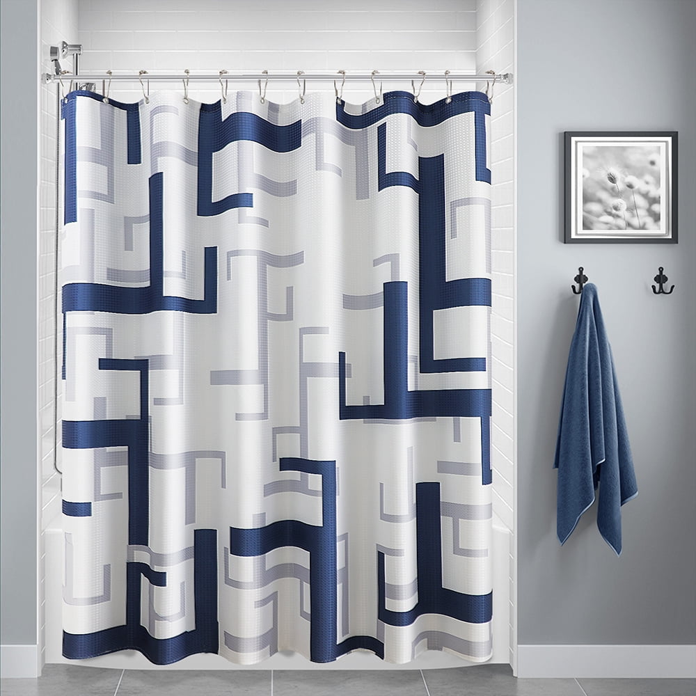 Shower Curtain Geometric, Blue and White Shower Curtain for Bathroom