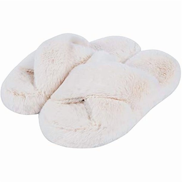 wonima44 Fluffy Womens House Slippers Cross Band Open Toe, Soft Plush Fleece Bedroom Slippers Women Memory Foam, Comfy Fuzzy Slip On Non-Slip Womens Slippers Indoor Leopard Size