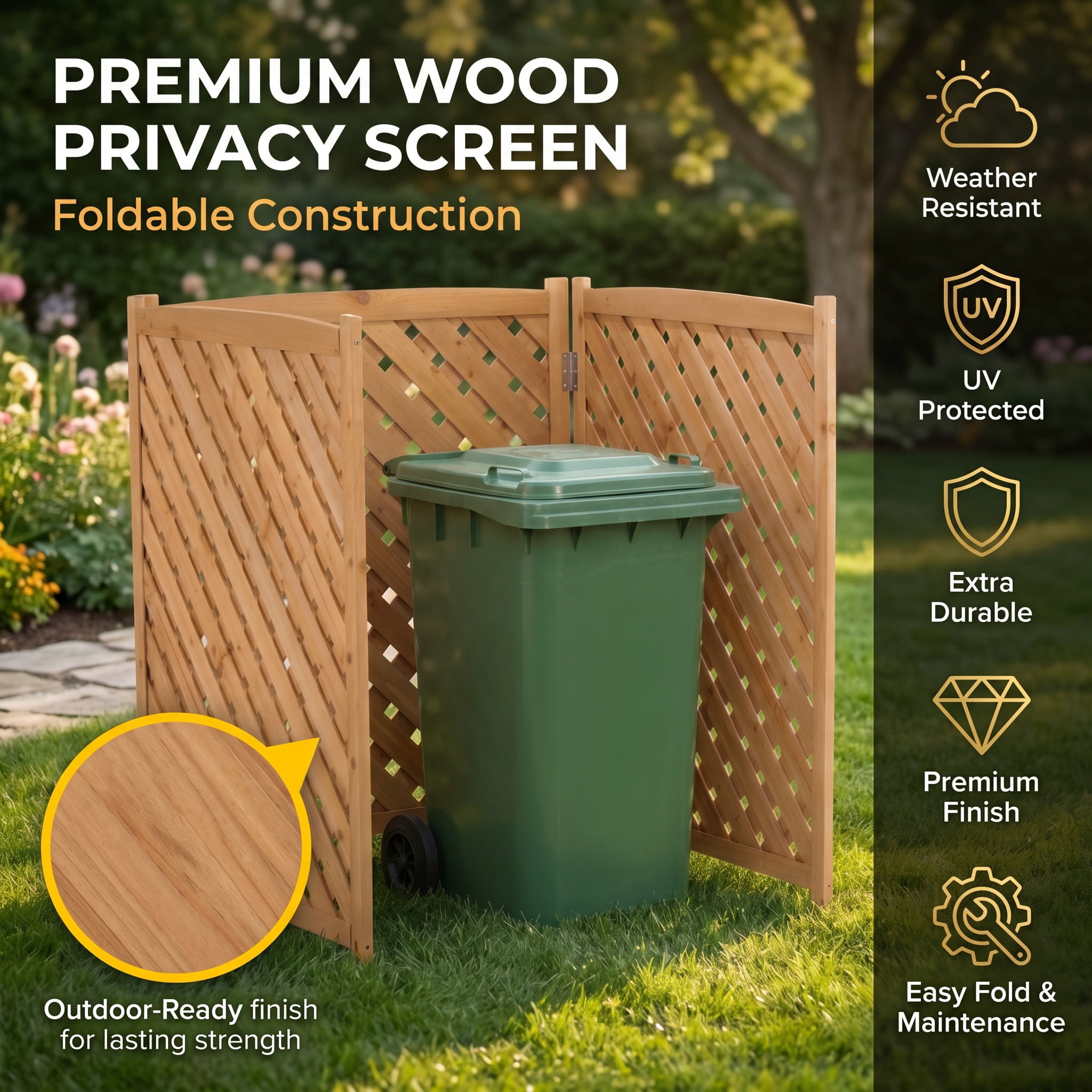 Outdoor Wood Privacy Fence 3-Panel 32W x 38H, Solid Wood Air Conditioner Screen with Slat Spacing for AC Unit Trash Can Pool Pump Enclosure, Light Brown