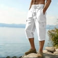 thumbnail image 2 of Men's Cotton Linen Capri Long Utility Stacked Cargo Shorts Below Knee 13 Inches Relaxed Fit Casual Elastic Waist Multi-Pocket Size 3XL White, 2 of 5