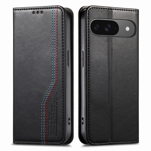For Google Pixel 10 /10 Pro/9 Pro/9 Phone Case,Three-color Thread Design,Anti-Scratch PU Leather Flip Folding Kickstand,With Card Slots,Folio Magnetic Closure,Shockproof Drop Phone Case,Black