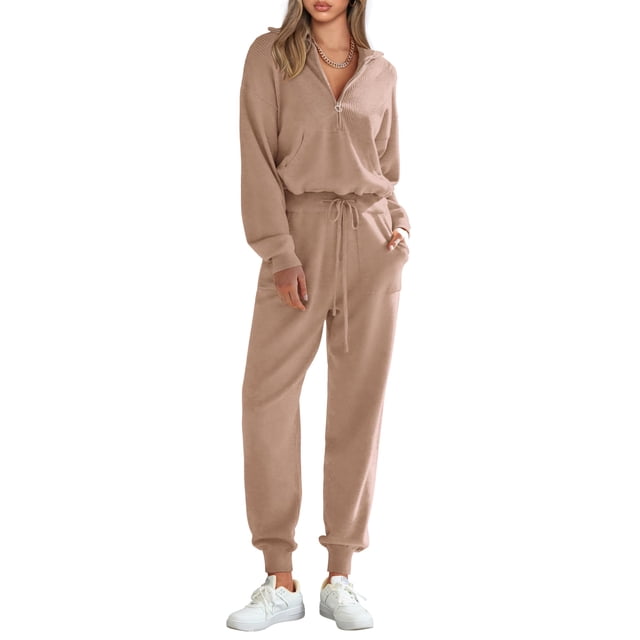 Conjunto Deportivo PRETTYGARDEN para Mujer 2 Piezas con Cierre, Suéter y Pantalón en Caqui Talle S