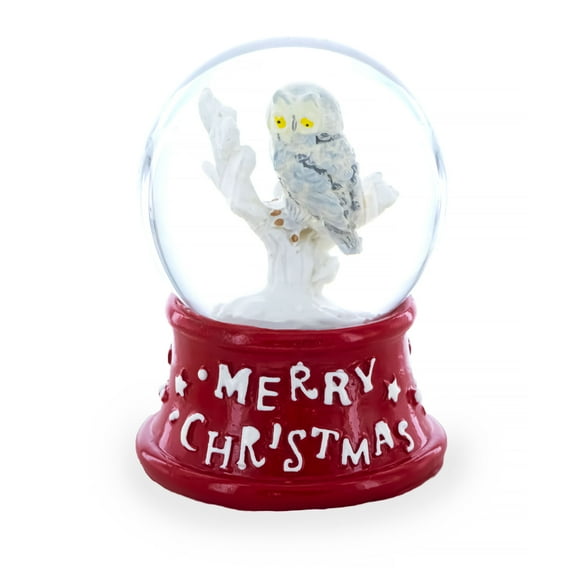White Owl Perched on Red Base Mini Water Snow Globe