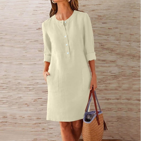 ClodeEU Womens Long Sleeve Grewneck Button Front Pocket Dress, Casual Loose Mini Dress Beige,Womens Plus XL