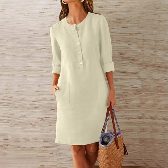 Meichang Robe d'Été pour Femmes 2025 Robe Chemise à Demi-Boutonnage Manches Longues Col Rond Robes de Travail Décontractées Coupe Ample Robes Mini avec Poches