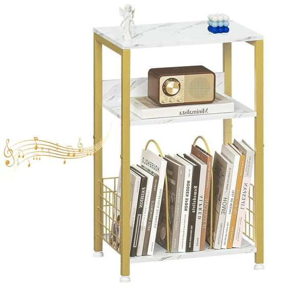 Record Player Stand with Storage, Large Record Player Table,Vinyl Record Storage Cabinet, Record Player Table, Gold & Marble