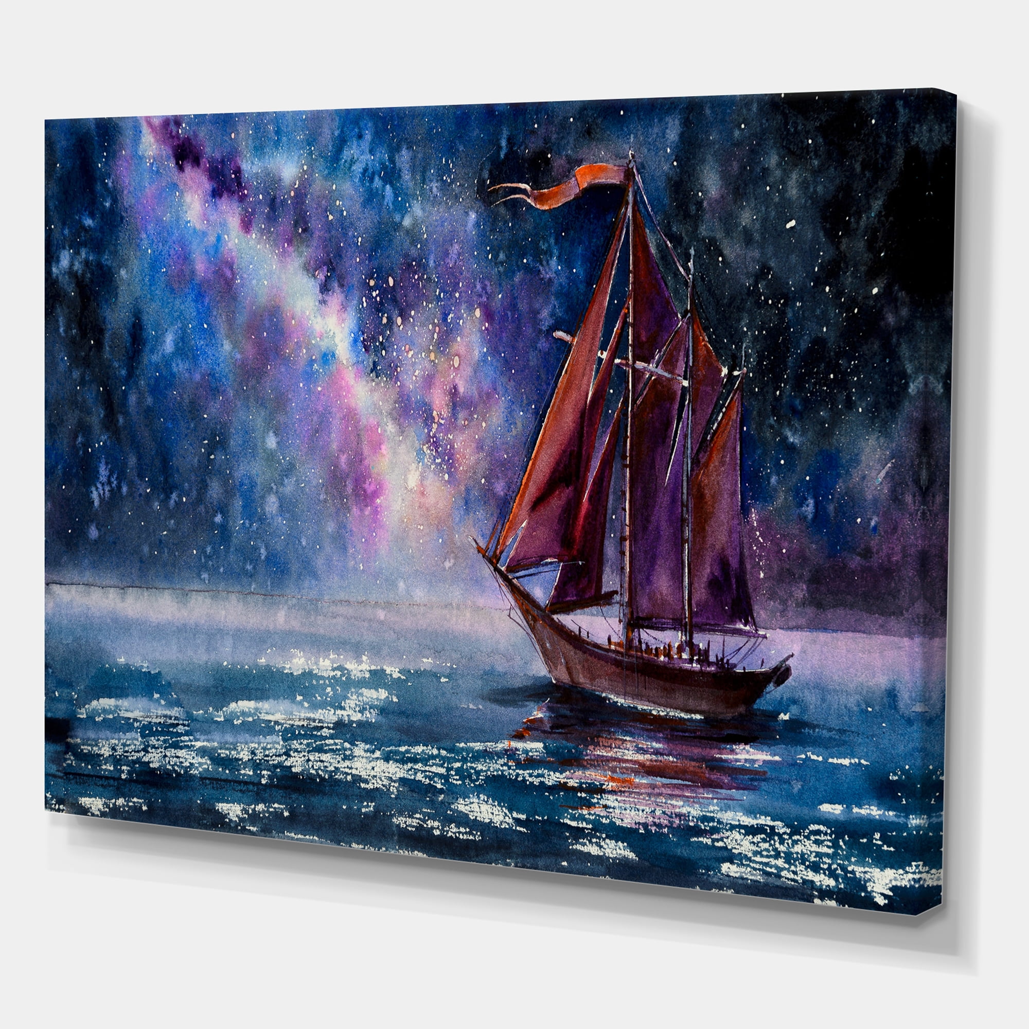 Designart ' Red Sails & Bright Night Sky With Wooden Sailboat ' Nautical & Coastal Canvas Wall Art Print