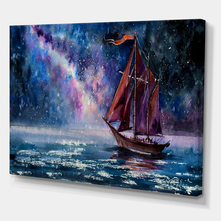 Designart Red Sails & Bright Night Sky Wooden Sailboat 32x16