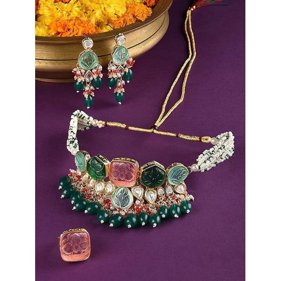 Vibrant Multicolor Kundan Choker Jewelry Set - Gold Plated & Beaded Necklace, Earrings & Ring