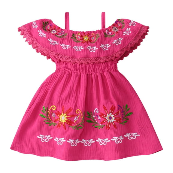 IBTOM CASTLE Mexican Dress for Girls Toddler Baby Cinco de Mayo Fiesta Mexican Off Shoulder Floral Embroidered Drape Casual Dress 6-9 Months Hot Pink
