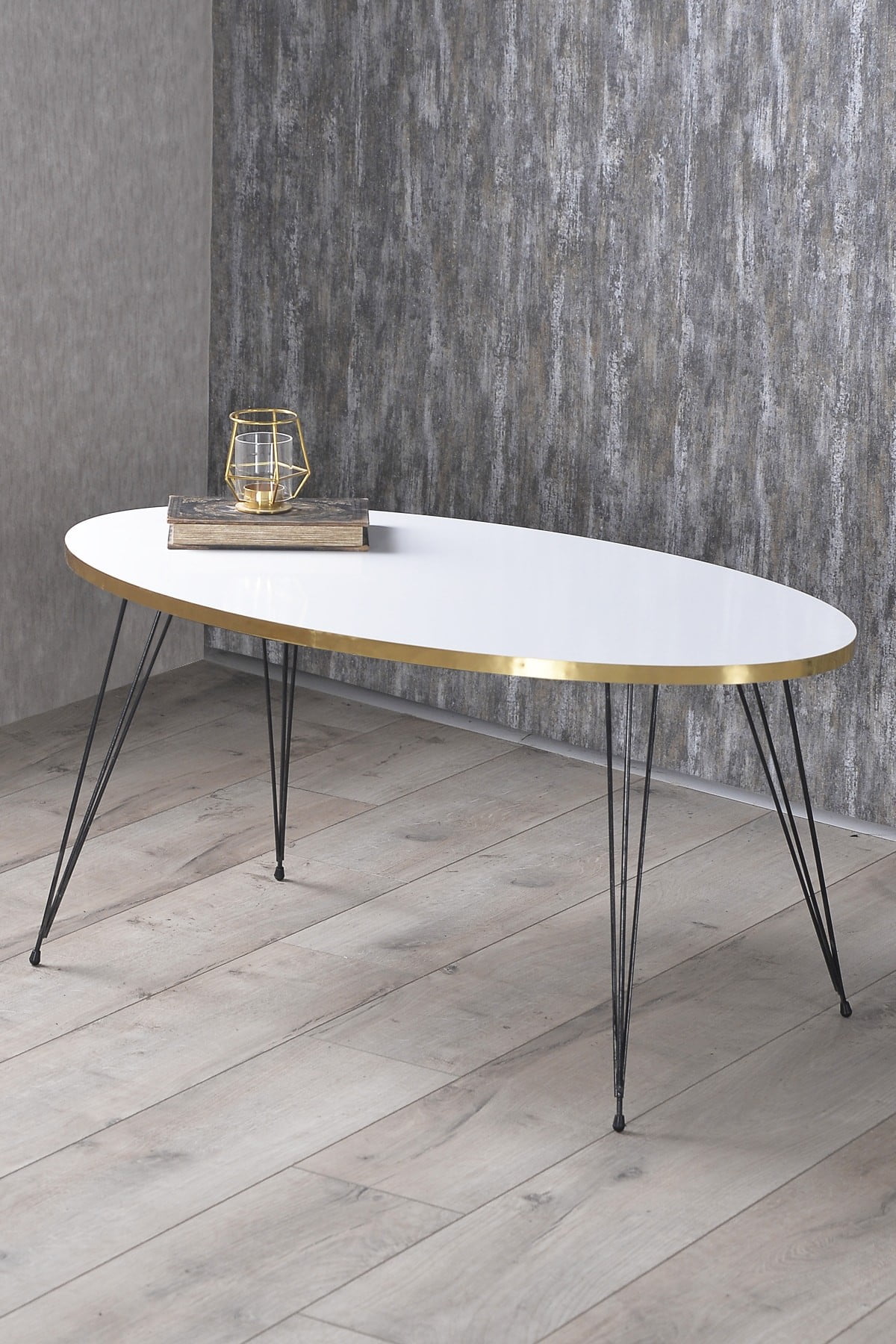 White Oval Coffee Table with Black 3Rod Metal Legs,Coffee Table with