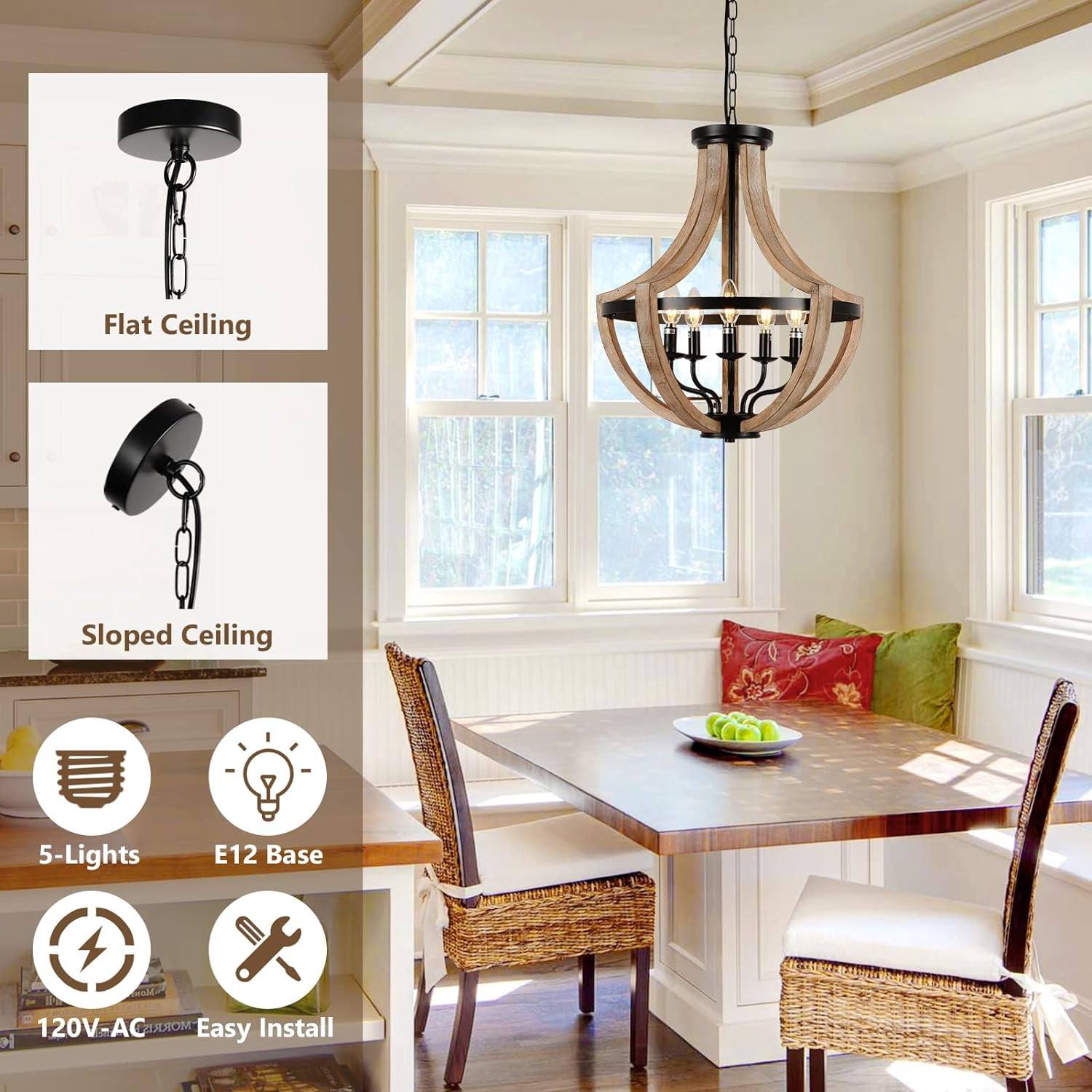 BINUFF Elegant Retro 19" Brown Solid Wood Ceiling Pendant Light Fixture Dimmable