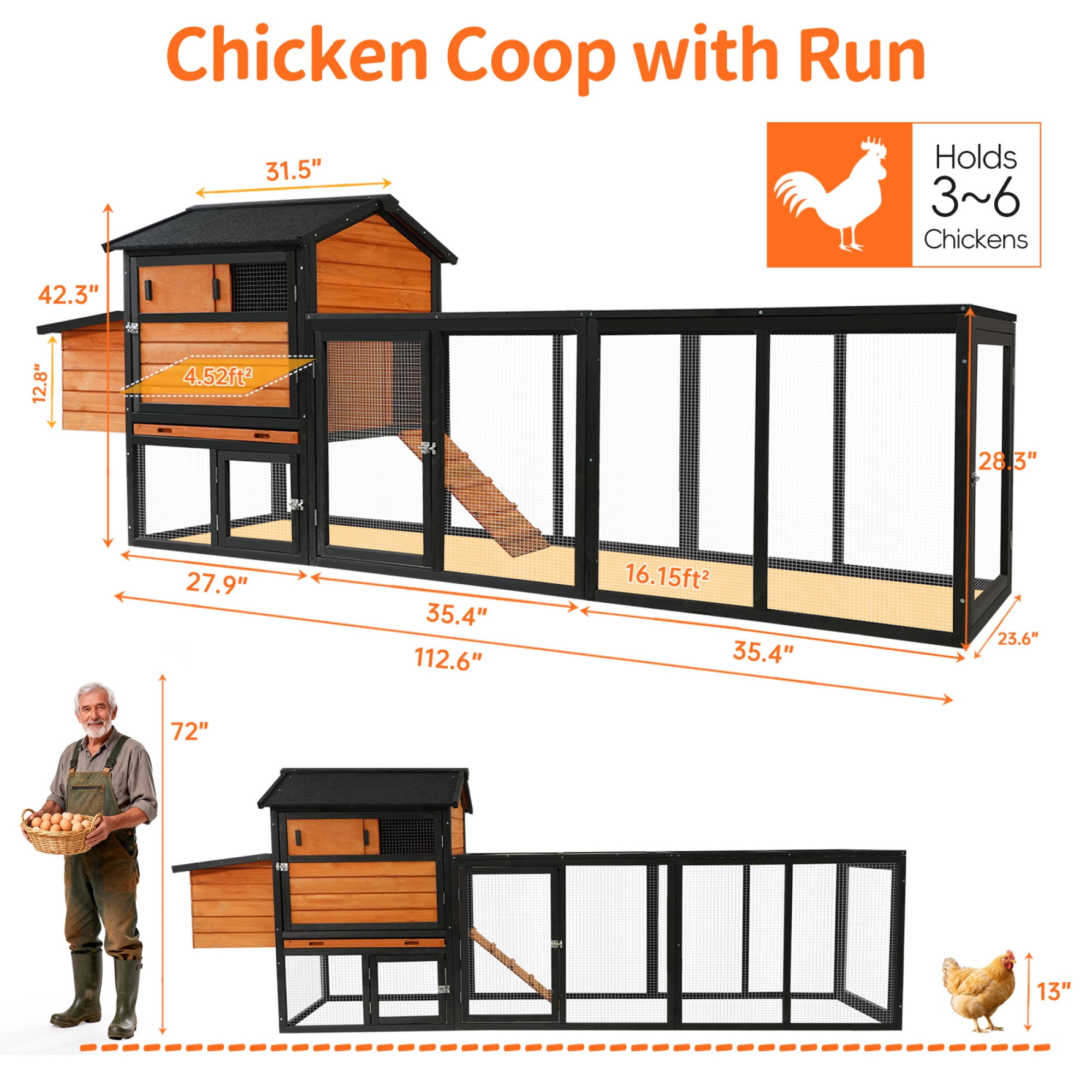 Leumius Wooden Chicken Coop, Large Outdoor Hen House with Run and Nesting Box Poultry Cage, Rabbit Hutch, Waterproof Anti-UV Panel for Backyard Brown+Black