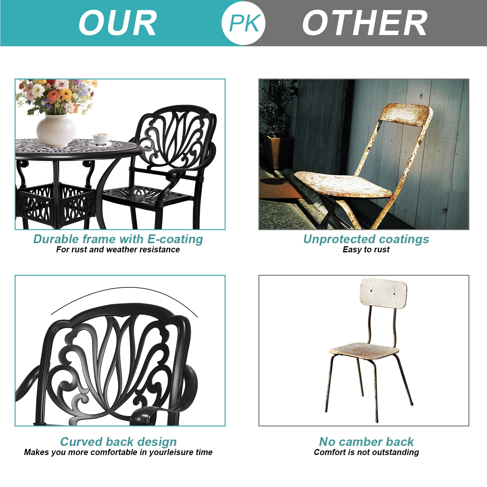 PATIO-IN Cast Aluminum Patio Chairs Set of 4,Metal Outdoor Chairs,Stackable Dining Chairs with Armrest for Garden, Backyard, Poolside,Balcony, Black (4 Pack)