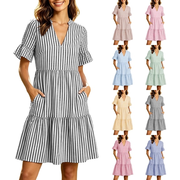 Oksale Striped Dress for Women Flowy A Line Dresses with Pockets Casual V Neck Short Sleeve Beach Boho Dress 2026 Yellow S
