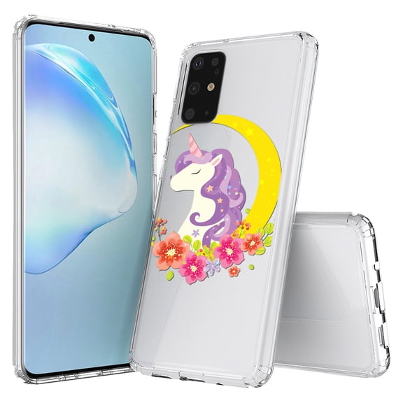 Aquaflex Transparent Clear Flexible Shock Absorbing Phone Case Cover Suitable for Samsung Galaxy S20  6.7" - Crescent Moon Unicorn