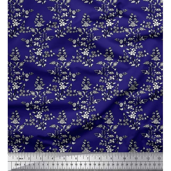 Soimoi Crepe Silk Fabric Leaves & Floral Block Print Fabric by The Yard 42 Inch Wide