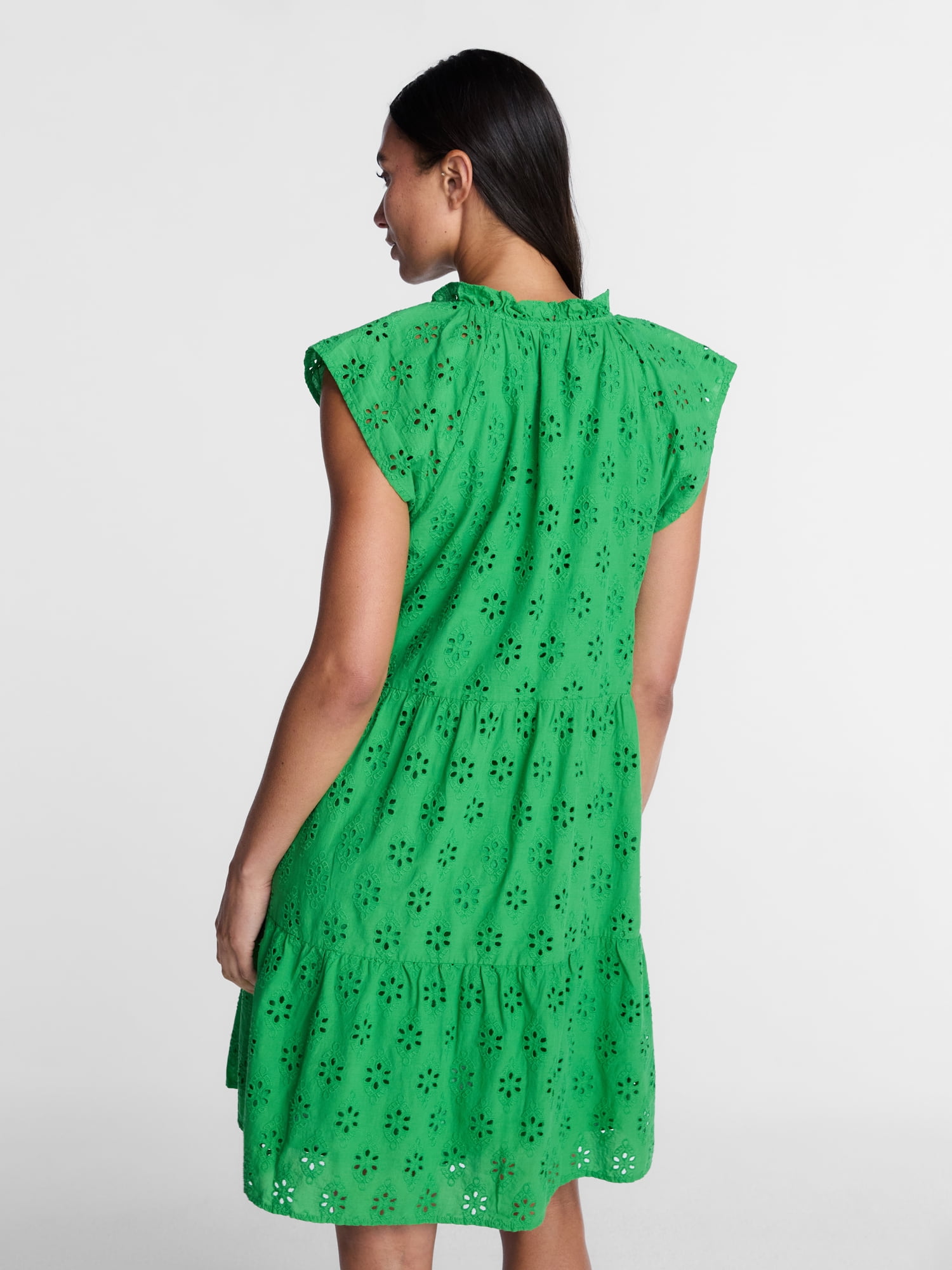 Time and Tru Women's Tiered Cotton Eyelet Mini Dress with Flutter Sleeves, Sizes XS-XXXL