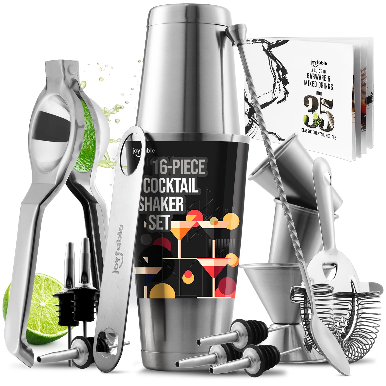 sextante Cantidad de adolescentes JoyTable 16pc Bartender Cocktail Shaker Set, Stainless Steel Bartender Kit  Bar Tool Set, with All Bar Accessories Plus Lemon Squeezer and Great Recipe  Book - Walmart.com