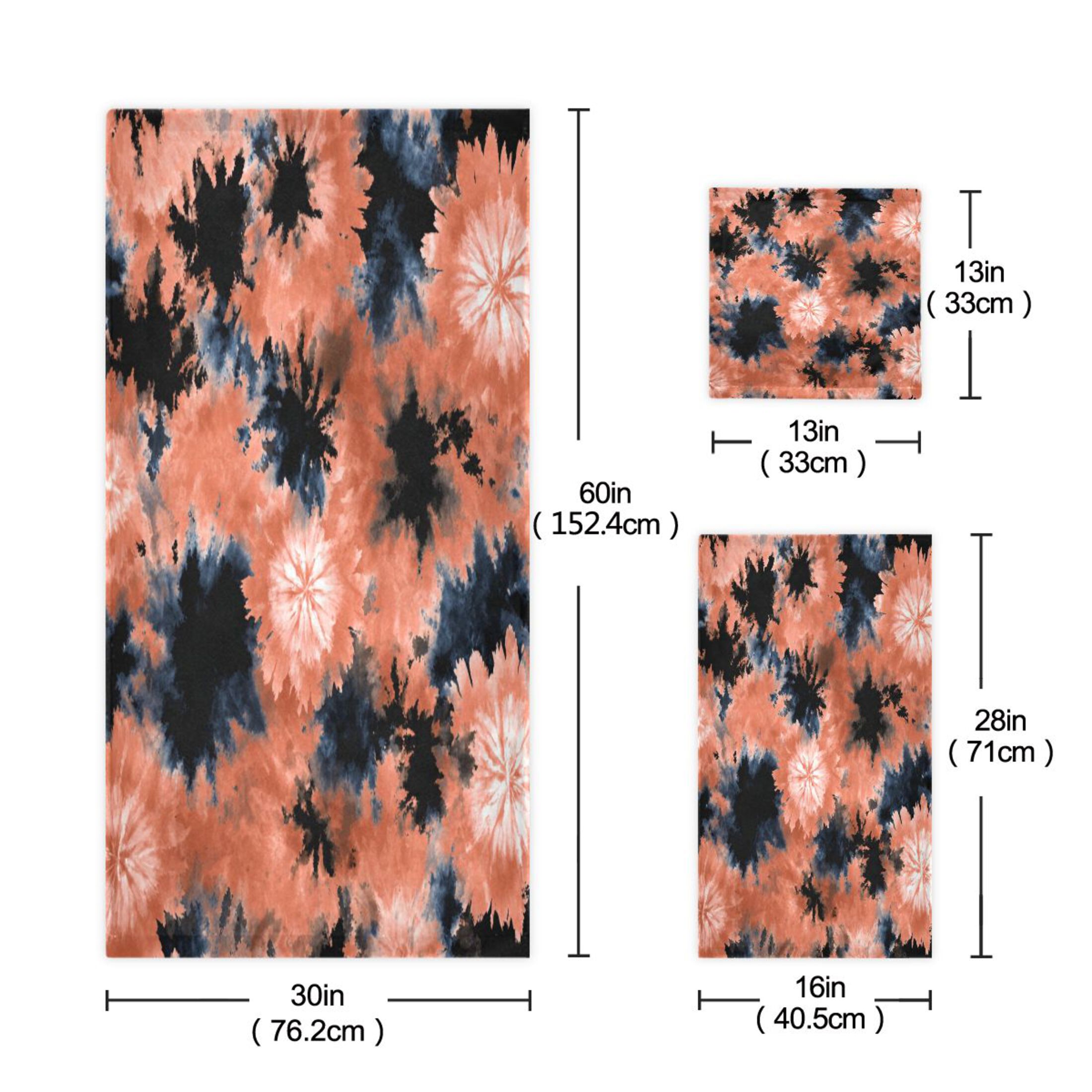 3 Piece Bath Towels Set Bath Towel, Hand Towel and Face Towel for Bathroom, Gym, Hotel Coral and Black Tie-dye Pattern
