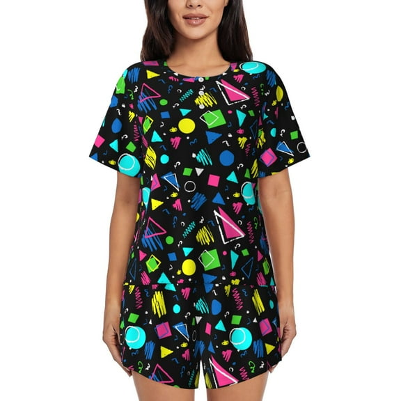 Logiee Geometric 1980s Styled Print Womens Pajamas Set,Short-Sleeve Pajama 2 Piece Sleepwear with Pockets-Small
