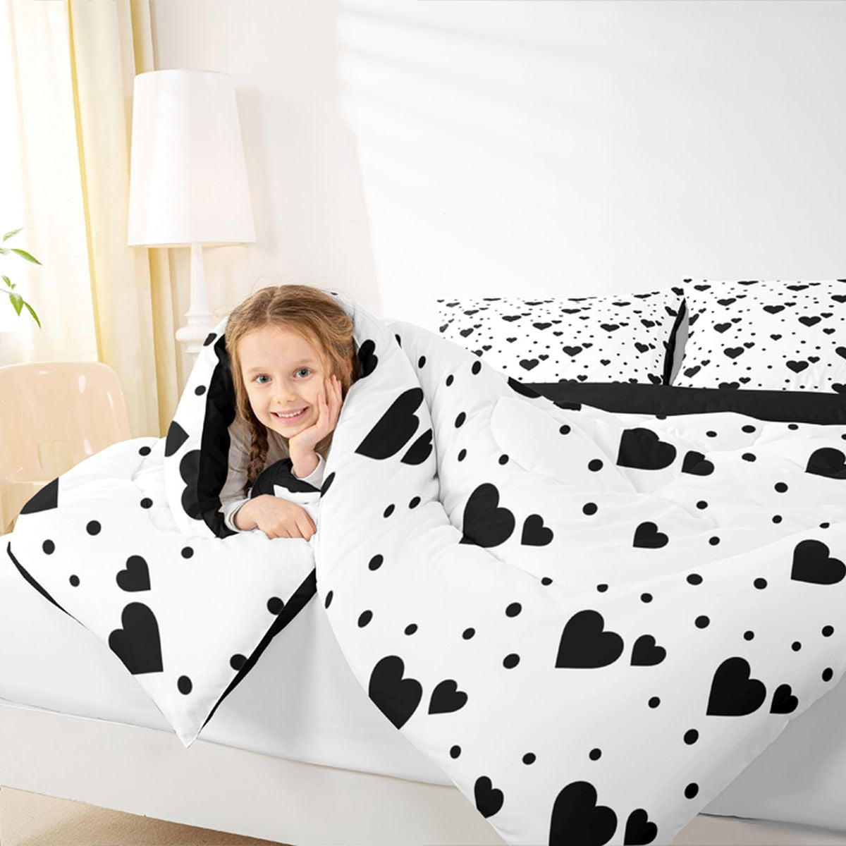 Feelyou Romantic Love Heart Full Size Comforter Sets, White Black Bedding Comforter Set, Teesn Kids Girls Women Reversible Bedding Sets, Lightweight Room Decor, 3 Pieces