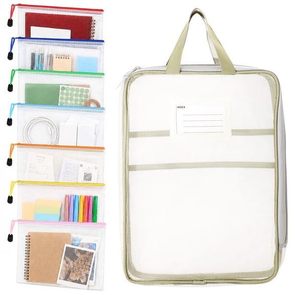 Style-Carry 8 Pack Mesh Zipper File Bags, 7 A4 Clear Pouches & 1 Handle Tote, Waterproof Document Organizer for School Office Travel