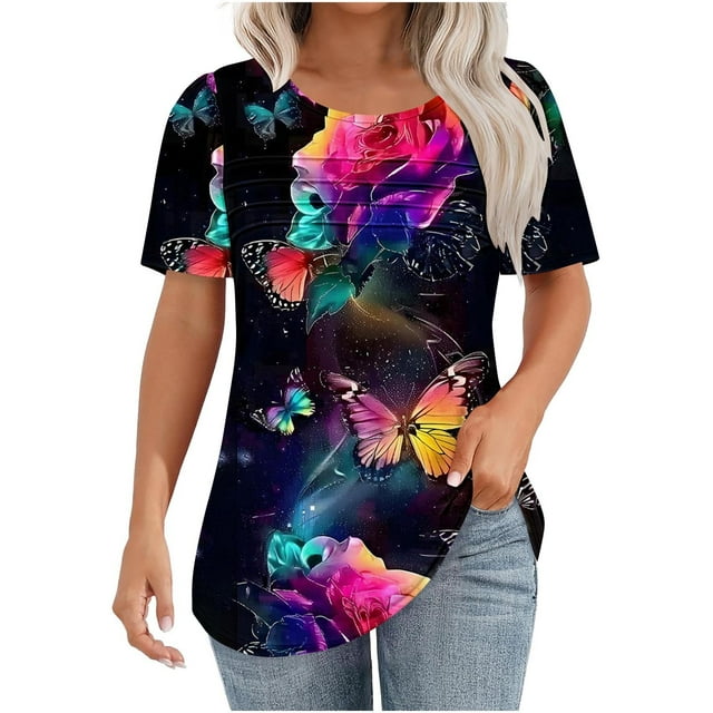 Tnhcen Chemises Décontractées à Manches Courtes Col Rond pour Femmes - Blouse Plissée à Imprimé Floral avec Ajustement Régulier Doux pour Usage Quotidien et Voyage P-2TG