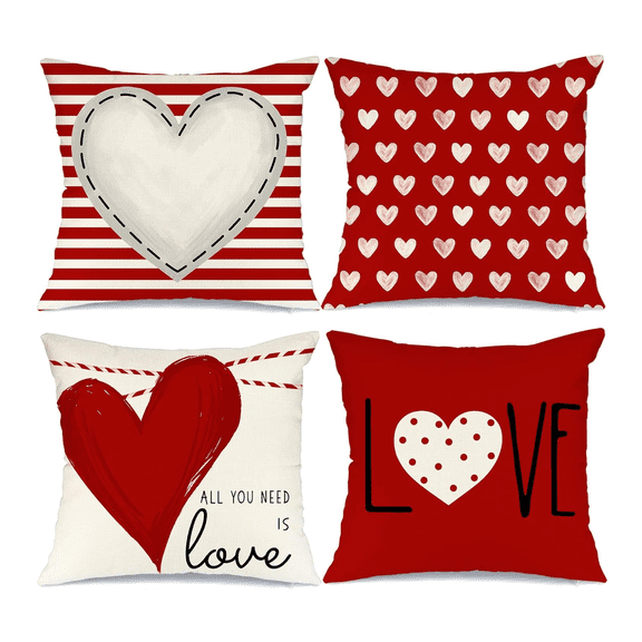 Valentine’s Day Pillow Covers Set of 4, 18x18 Inch Red White Love Heart Decorative Throw Pillow Covers, Striped & Polka Dot Cushion Covers for Sofa Couch Bed, Valentine Home Decor